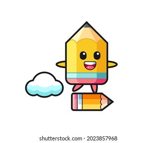 pencil mascot illustration riding on a giant pencil , cute style design for t shirt, sticker, logo element