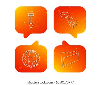 Pencil, message and world globe icons. Folder linear sign. Orange Speech bubbles with icons set. Soft color gradient chat symbols. Vector