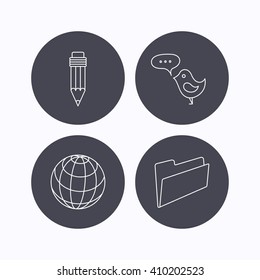 Pencil, message and world globe icons. Folder linear sign. Flat icons in circle buttons on white background. Vector