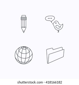 Pencil, message and world globe icons. Folder linear sign. Flat linear icons on white background. Vector