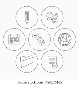 Pencil, message and world globe icons. Folder linear sign. Check file, calendar and cogwheel icons. Vector