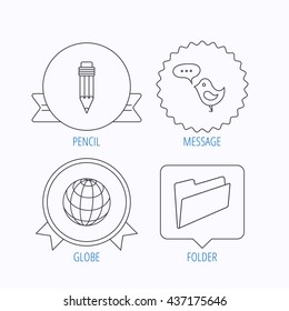 Pencil, message and world globe icons. Folder linear sign. Award medal, star label and speech bubble designs. Vector
