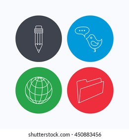 Pencil, message and world globe icons. Folder linear sign. Linear icons on colored buttons. Flat web symbols. Vector