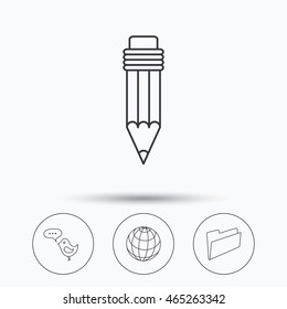 Pencil, message and world globe icons. Folder linear sign. Linear icons in circle buttons. Flat web symbols. Vector
