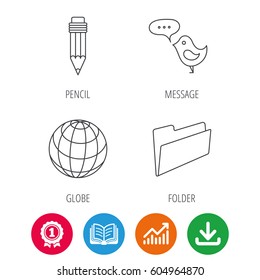 Pencil, message and world globe icons. Folder linear sign. Award medal, growth chart and opened book web icons. Download arrow. Vector