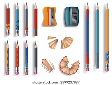 Pencil mockup realistic. Colored wooden graphite pencils with shavings and sharpener. School office stationery, creative design vector bright set