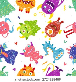 Monstruo de lápiz sin patrón. Crayon dibujando monstruos y extraterrestres, coloridos personajes inusuales de fantasía. Plantilla de impresión para tela, textil, fondo de Vector neoterico