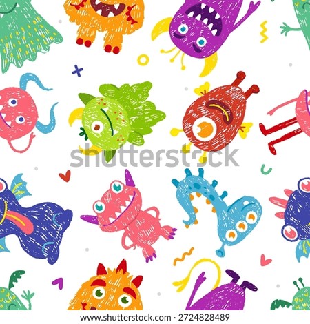 Pencil monster seamless pattern. Crayon drawing monsters and aliens, colorful fantasy unusual characters. Print template for fabric, textile, neoteric vector background