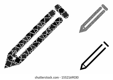 Pencil mosaic of unequal items in various sizes and color tinges, based on pencil icon. Vector uneven parts are united into mosaic. Pencil icons collage with dotted pattern.