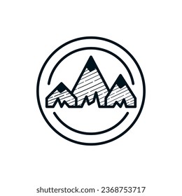 Pencil mountain sun nature creative logo badge concept. Vector line drawing art illustration