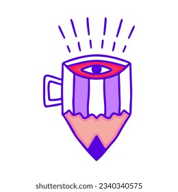 Pencil mug with one eye symbol inside, illustration for t-shirt, sticker, or apparel merchandise. With doodle, retro, and cartoon style.