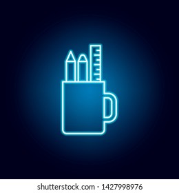 pencil, mug, ruler, case outline icon in neon style. elements of education illustration line icon. signs, symbols can be used for web, logo, mobile app, UI, UX