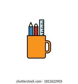 icono de lápiz, taza y regla. Elemento de ilustración educativa. Los signos y símbolos se pueden utilizar para web, logotipo, aplicación móvil, interfaz de usuario, UX en fondo blanco