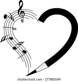 pencil and music note with heart shape icon