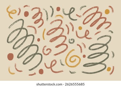 Lápis neutro terra cores onda linhas e círculos. Conjunto de arte interior de parede japandi desenhado à mão. Coleção de pontos e traçados de pincel grunge vetorial. Espirais trançadas desenhadas com marcador no fundo bege.