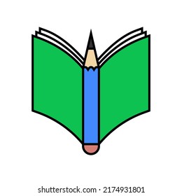 Pencil and notebook, book. Outline and line style. Isolated simple colored vector illustration on white background.