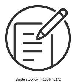 Pencil with notebook in circle, linear icon. Editable stroke