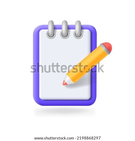Pencil with notebook, Diary page, organizer pad with spiral. 3d writing, copyright concept.