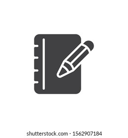 Pencil and notebook page vector icon. filled flat sign for mobile concept and web design. Notepad paper with pen glyph icon. Writing form symbol, logo illustration. Vector graphics