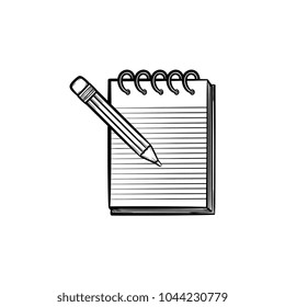 Pencil and notepad with binders hand drawn outline doodle icon. Taking notes in notepad vector sketch illustration for print, web, mobile and infographics isolated on white background.