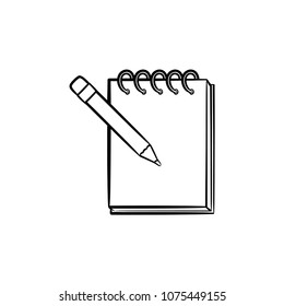 Pencil and notepad with binders hand drawn outline doodle icon. Taking notes in notepad vector sketch illustration for print, web, mobile and infographics isolated on white background.