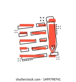 Pencil notepad icon in comic style. Document write vector cartoon illustration on white isolated background. Pen drawing business concept splash effect.