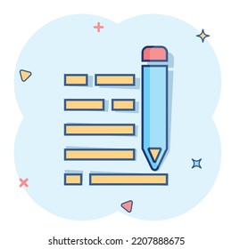 Pencil notepad icon in comic style. Document write vector cartoon illustration on white isolated background. Pen drawing business concept splash effect.