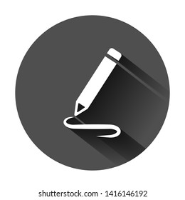 Pencil notepad icon in flat style. Document write vector illustration on black round background with long shadow. Pen drawing business concept.