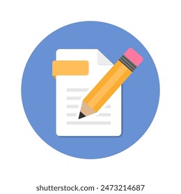 Pencil with notepad icon. Writing tasks, remind or checklist. Sketchbook or diary for education or work. Pencil with laptop. Flat design writing concept. Vector