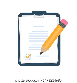 Pencil with notepad icon. Writing tasks, remind or checklist. Sketchbook or diary for education or work. Pencil with laptop. Flat design writing concept. Vector