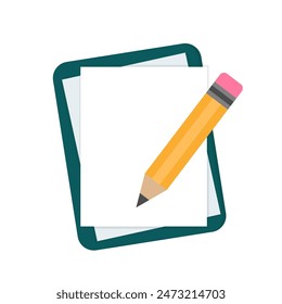 Lápiz con icono de bloc de notas. Escribir tareas, recordar o lista de comprobación. Cuaderno de bocetos o diario para la educación o el trabajo. Lápiz con portátil. Diseño plano concepto de escritura. Vector