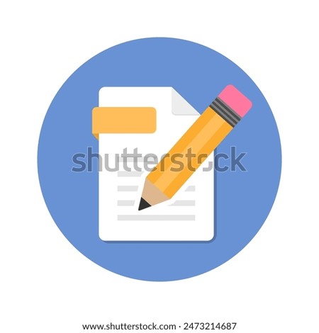 Pencil with notepad icon. Writing tasks, remind or checklist. Sketchbook or diary for education or work. Pencil with laptop. Flat design writing concept. Vector