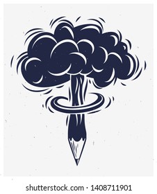 Lápiz con forma de hongo de explosión nuclear, explosión creativa o concepto de energía, explosión de creatividad, logo conceptual vectorial o icono.