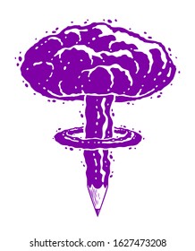 Pencil with nuclear explosion mushroom shape, creative explosion or energy concept, exploding creativity, vector conceptual logo or icon.