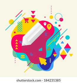 Pencil on abstract colorful spotted background with different elements. Flat design.