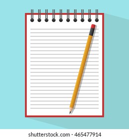 Pencil on blank lined notebook on blue background with long shadow. Planning, education and business concept. Vector illustration. EPS 10, transparency used
