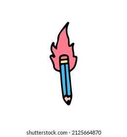 Pencil on fire, illustration for t-shirt, sticker, or apparel merchandise. With doodle, retro, and cartoon style.