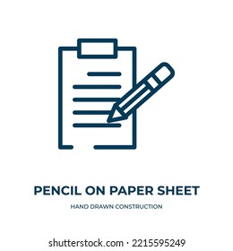 Pencil on paper sheet icon. Linear vector illustration from hand drawn construction collection. Outline pencil on paper sheet icon vector. Thin line symbol for use on web and mobile apps, logo, print 