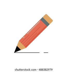 Pencil on white background with highlights. Accessories. Eraser. To draw. Vector image. An isolated object. The subject of art and show. Write notes to record information in writing. Black wrote. Eps.