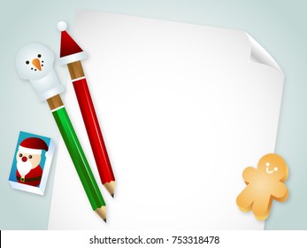 pencil on white paper background with eraser and gingerbread, Christmas vector concept. Christmas vector top view background with
