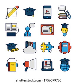 pencil and online education icon set over white background, line and fill style, vector illustration