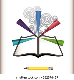 Pencil with open book burst and coils create edit write concept 