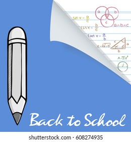 Pencil with open book. Drawing of mathematical on the paper in doodle style. Concept for education.  