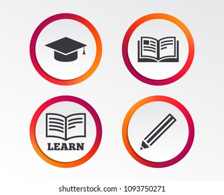 Pencil and open book icons. Graduation cap symbol. Higher education learn signs. Infographic design buttons. Circle templates. Vector