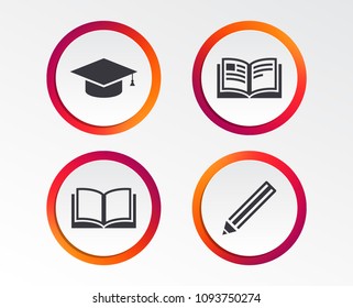 Pencil and open book icons. Graduation cap symbol. Higher education learn signs. Infographic design buttons. Circle templates. Vector