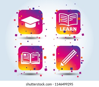 Pencil and open book icons. Graduation cap symbol. Higher education learn signs. Colour gradient square buttons. Flat design concept. Vector
