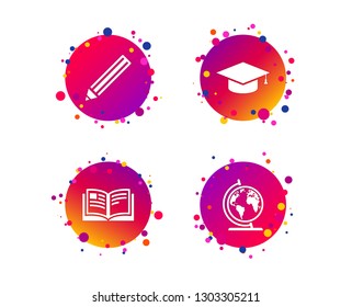 Pencil and open book icons. Graduation cap and geography globe symbols. Education learn signs. Gradient circle buttons with icons. Random dots design. Vector