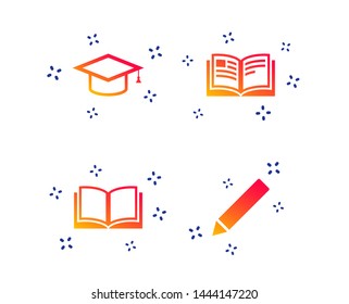 Pencil and open book icons. Graduation cap symbol. Higher education learn signs. Random dynamic shapes. Gradient education icon. Vector