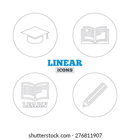 Pencil and open book icons. Graduation cap symbol. Higher education learn signs. Linear outline web icons. Vector