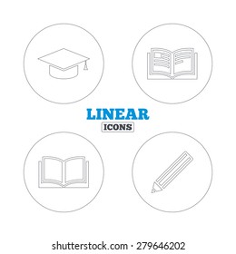Pencil and open book icons. Graduation cap symbol. Higher education learn signs. Linear outline web icons. Vector